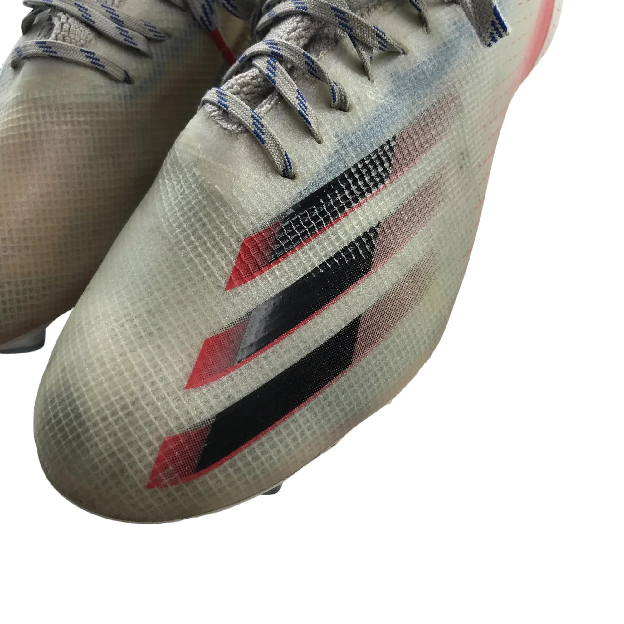 Adidas Fluroskin Speedframe football boots shoe size UK 6 white red and blue with plastic moulded studs