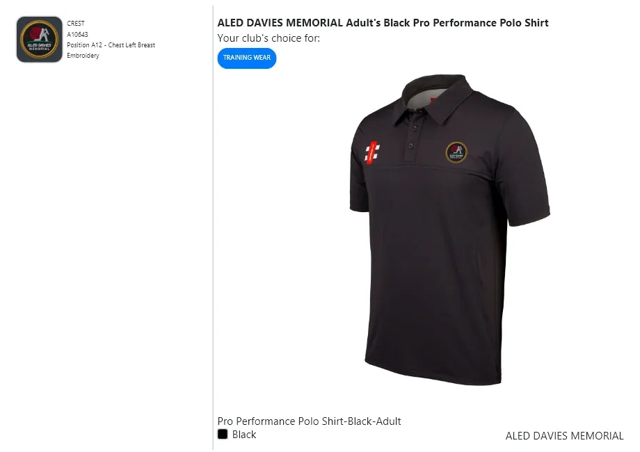 ALED DAVIES MEMORIAL  Adult's Black Pro Performance Polo Shirt