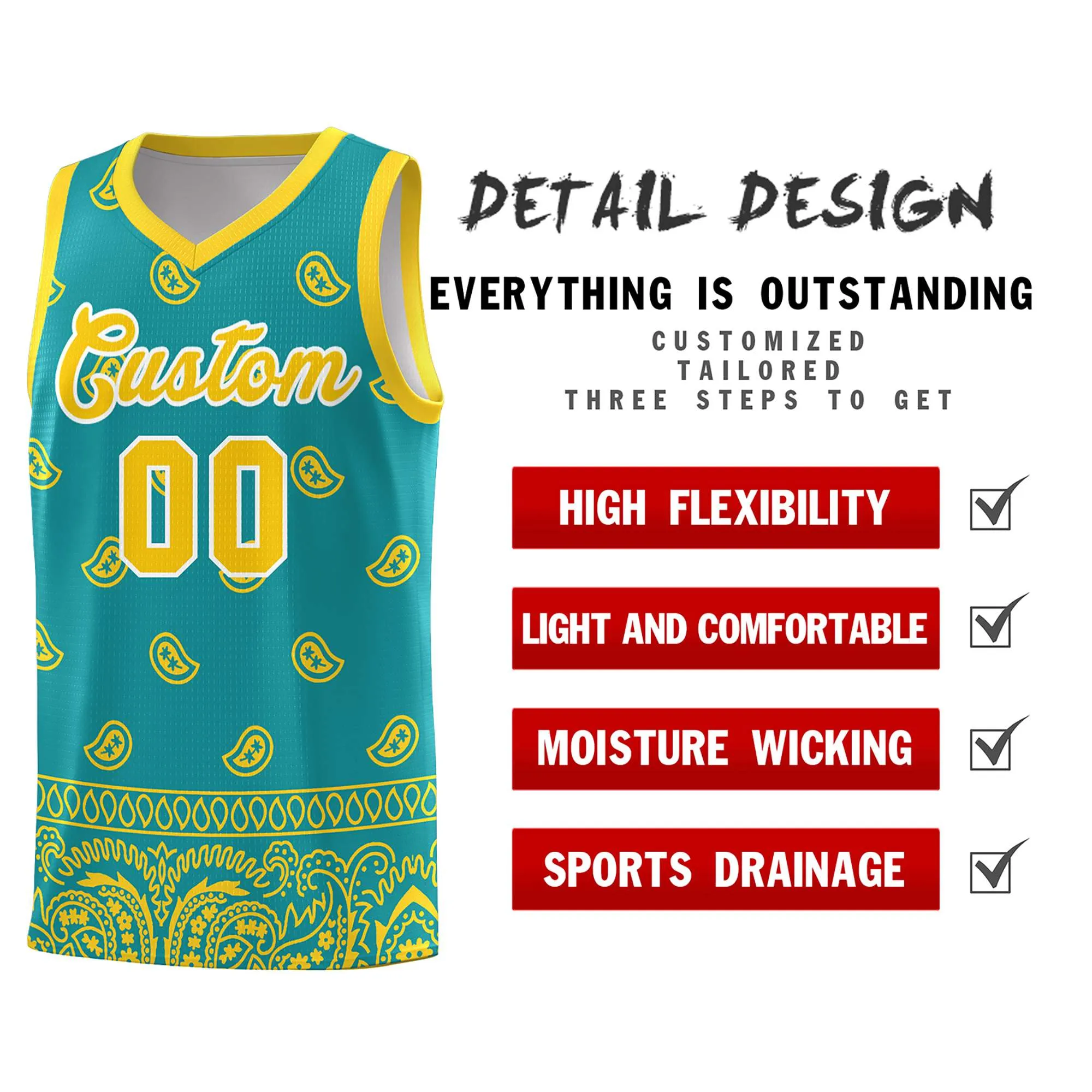 Custom Aqua Gold Personalized Cashew Pattern Sports Uniform Basketball Jersey