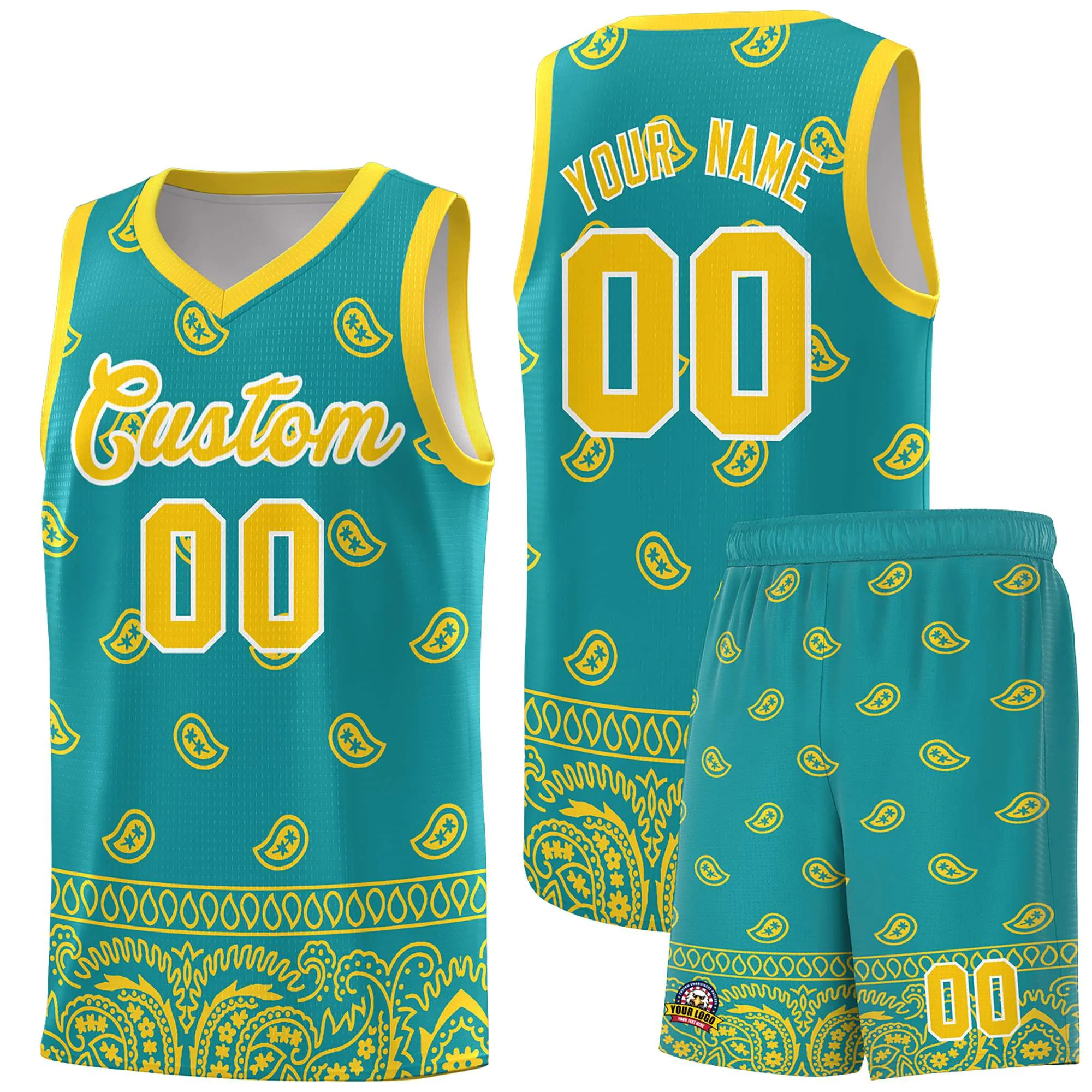 Custom Aqua Gold Personalized Cashew Pattern Sports Uniform Basketball Jersey