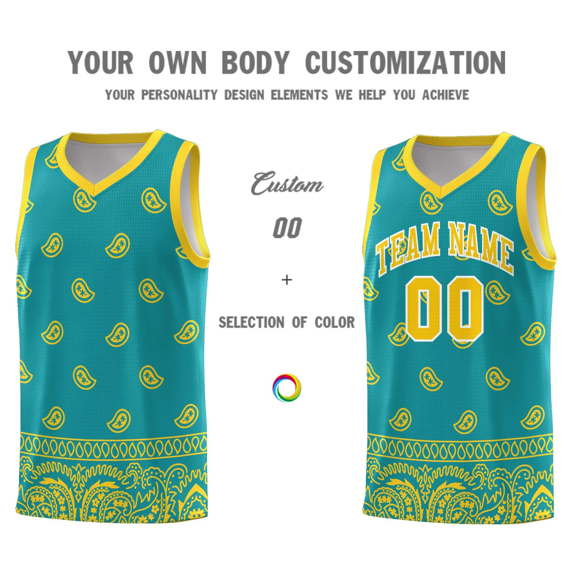 Custom Aqua Gold Personalized Cashew Pattern Sports Uniform Basketball Jersey