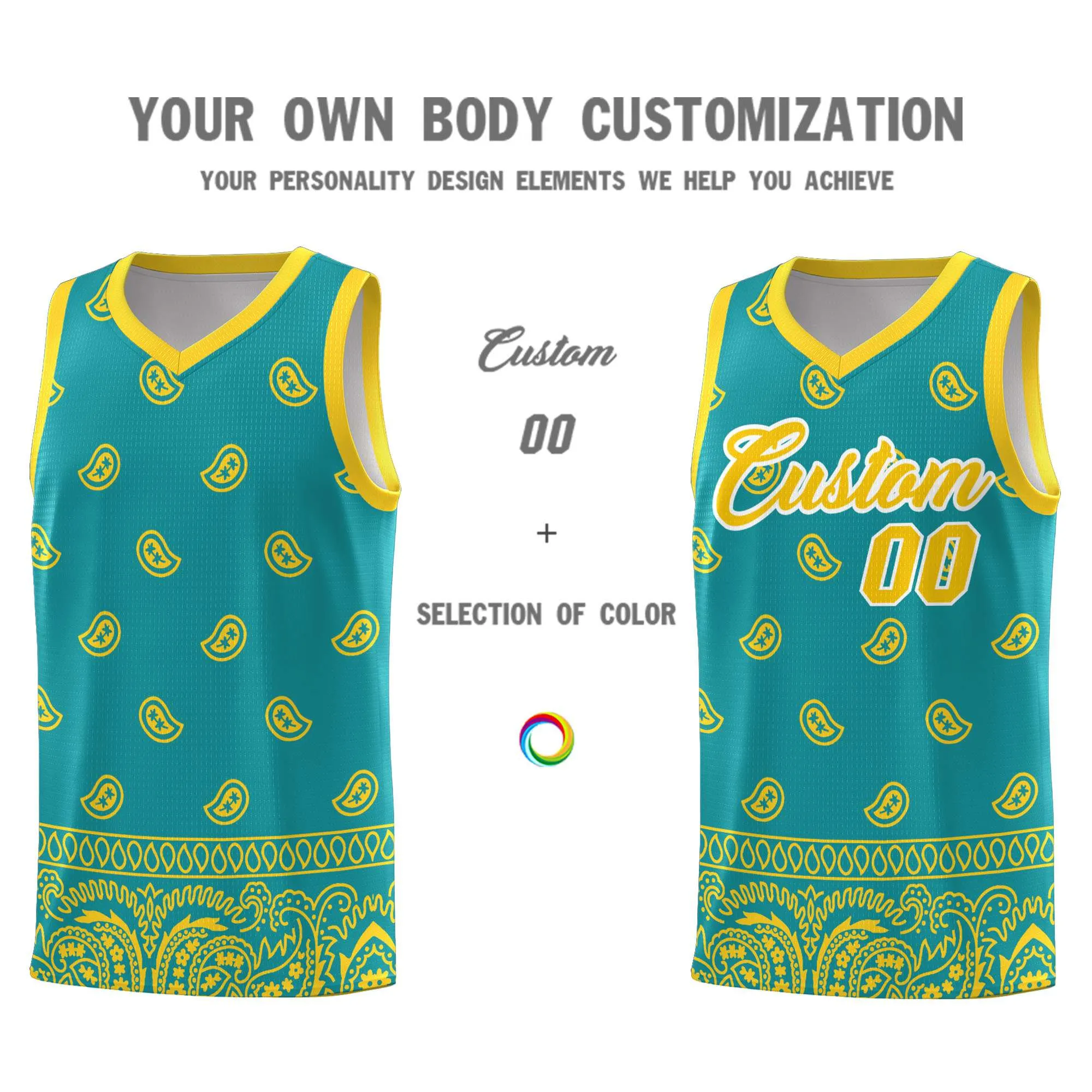 Custom Aqua Gold Personalized Cashew Pattern Sports Uniform Basketball Jersey