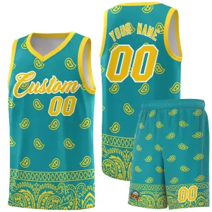 Custom Aqua Gold Personalized Cashew Pattern Sports Uniform Basketball Jersey