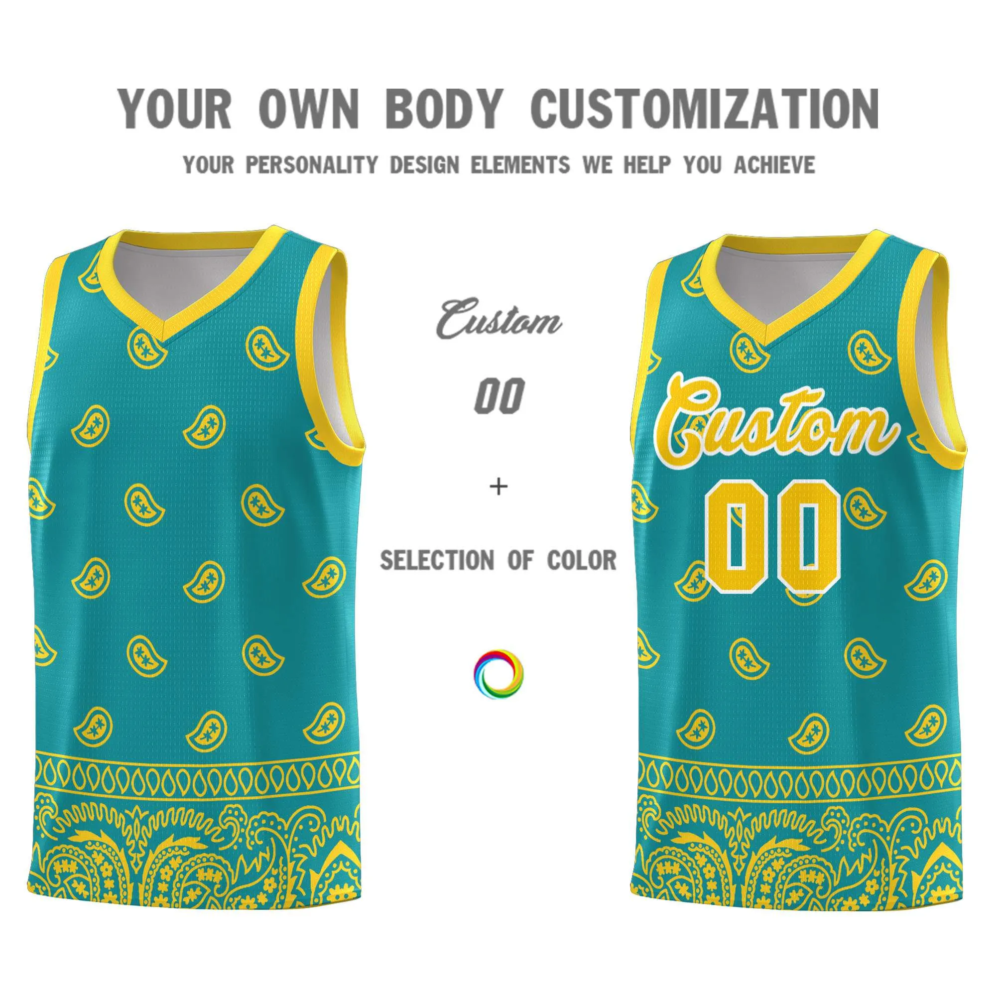 Custom Aqua Gold Personalized Cashew Pattern Sports Uniform Basketball Jersey