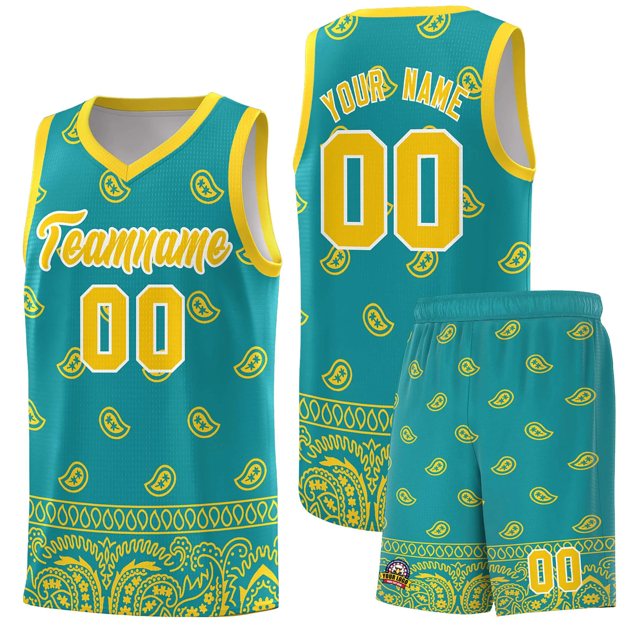 Custom Aqua Gold Personalized Cashew Pattern Sports Uniform Basketball Jersey