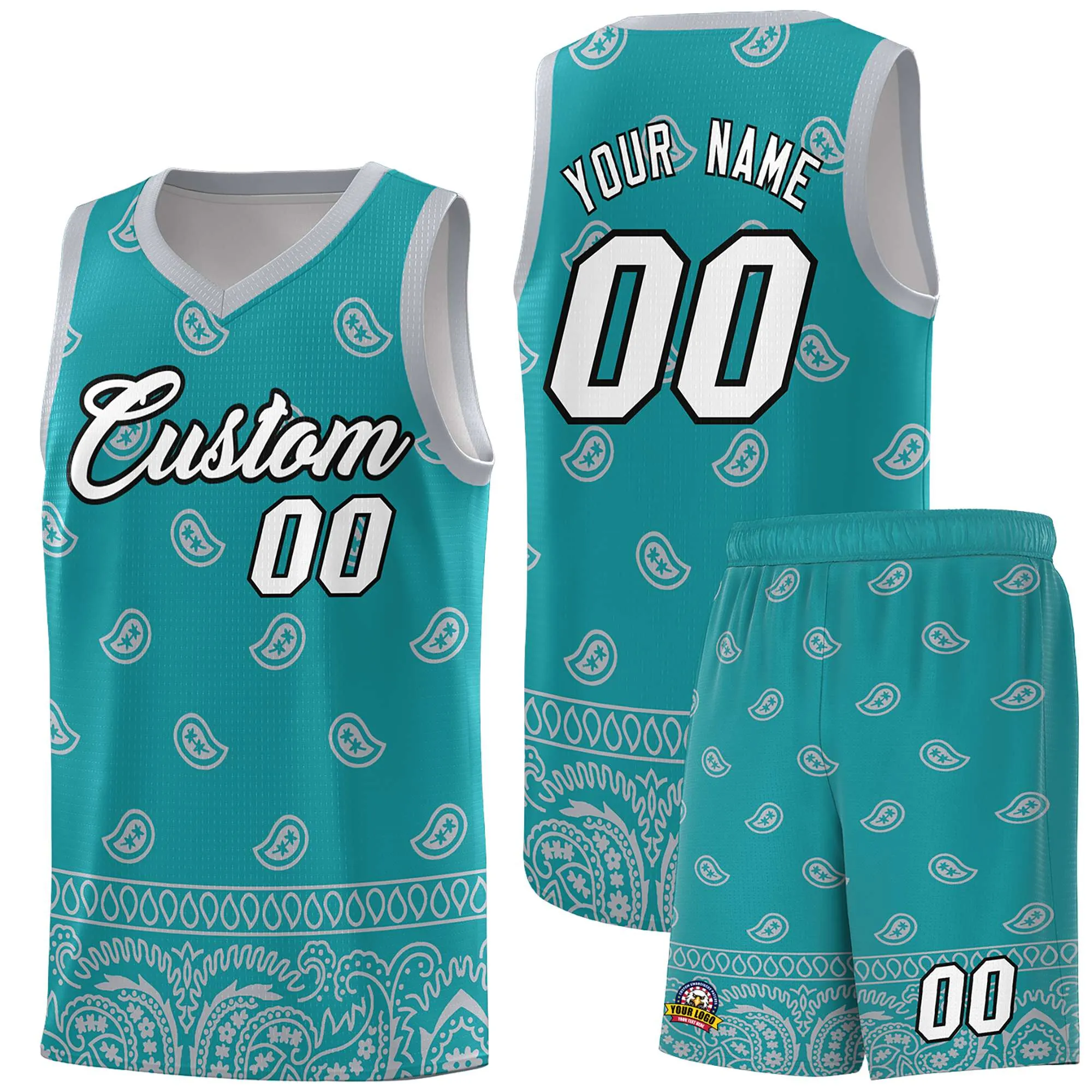 Custom Aqua Gray Personalized Cashew Pattern Sports Uniform Basketball Jersey