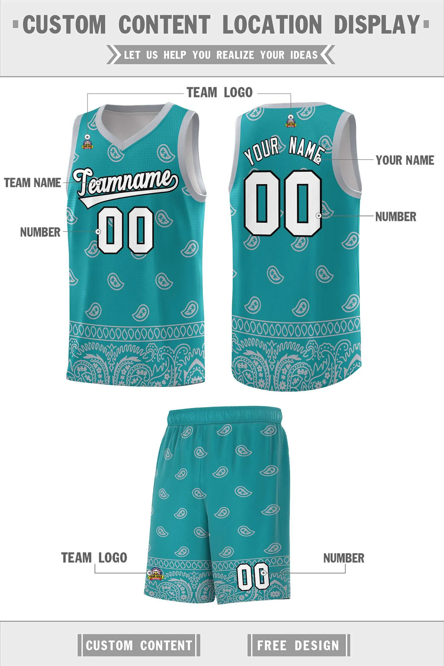 Custom Aqua Gray Personalized Cashew Pattern Sports Uniform Basketball Jersey