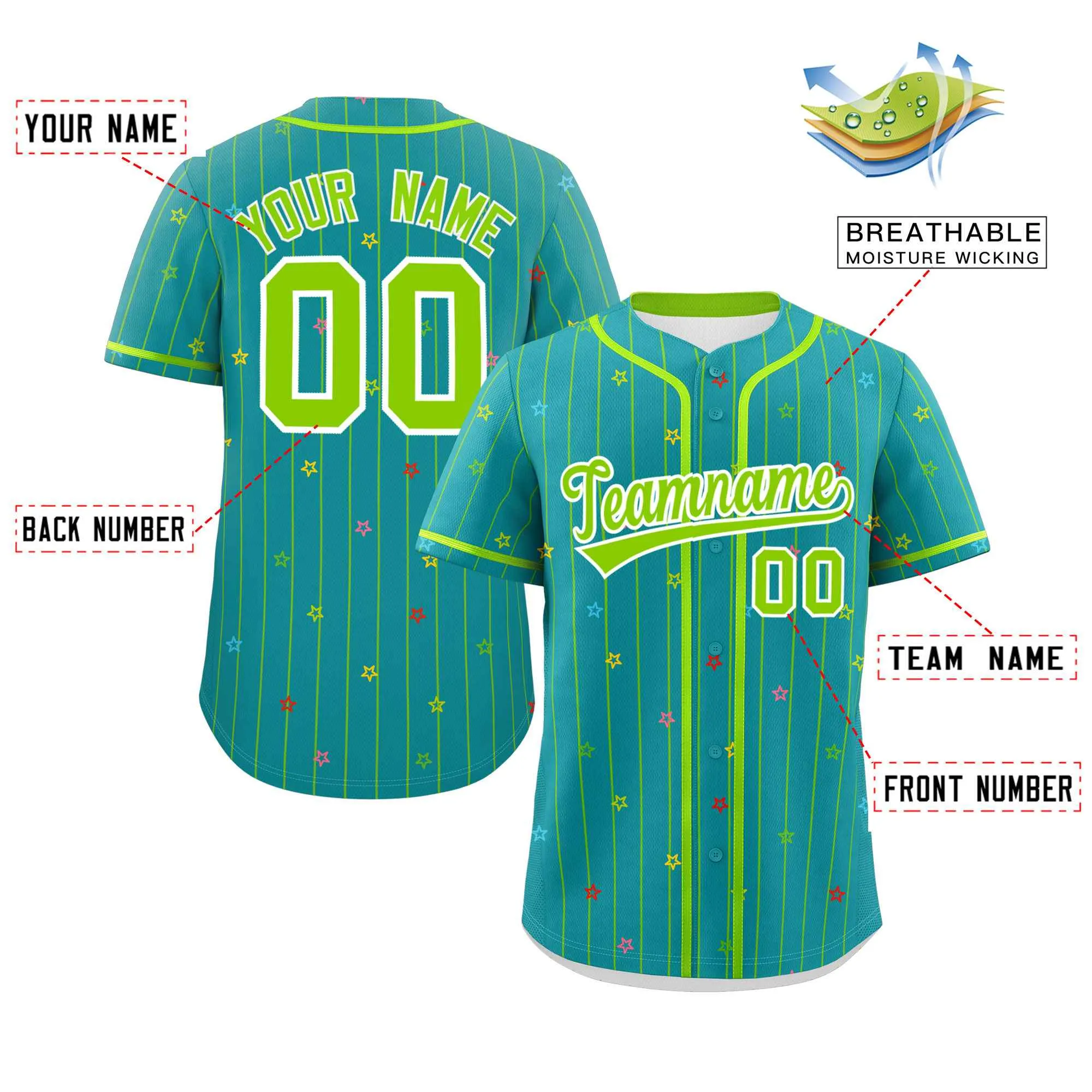 Custom Aqua Neon Green Stripe Fashion Personalized Star Pattern Authentic Baseball Jersey