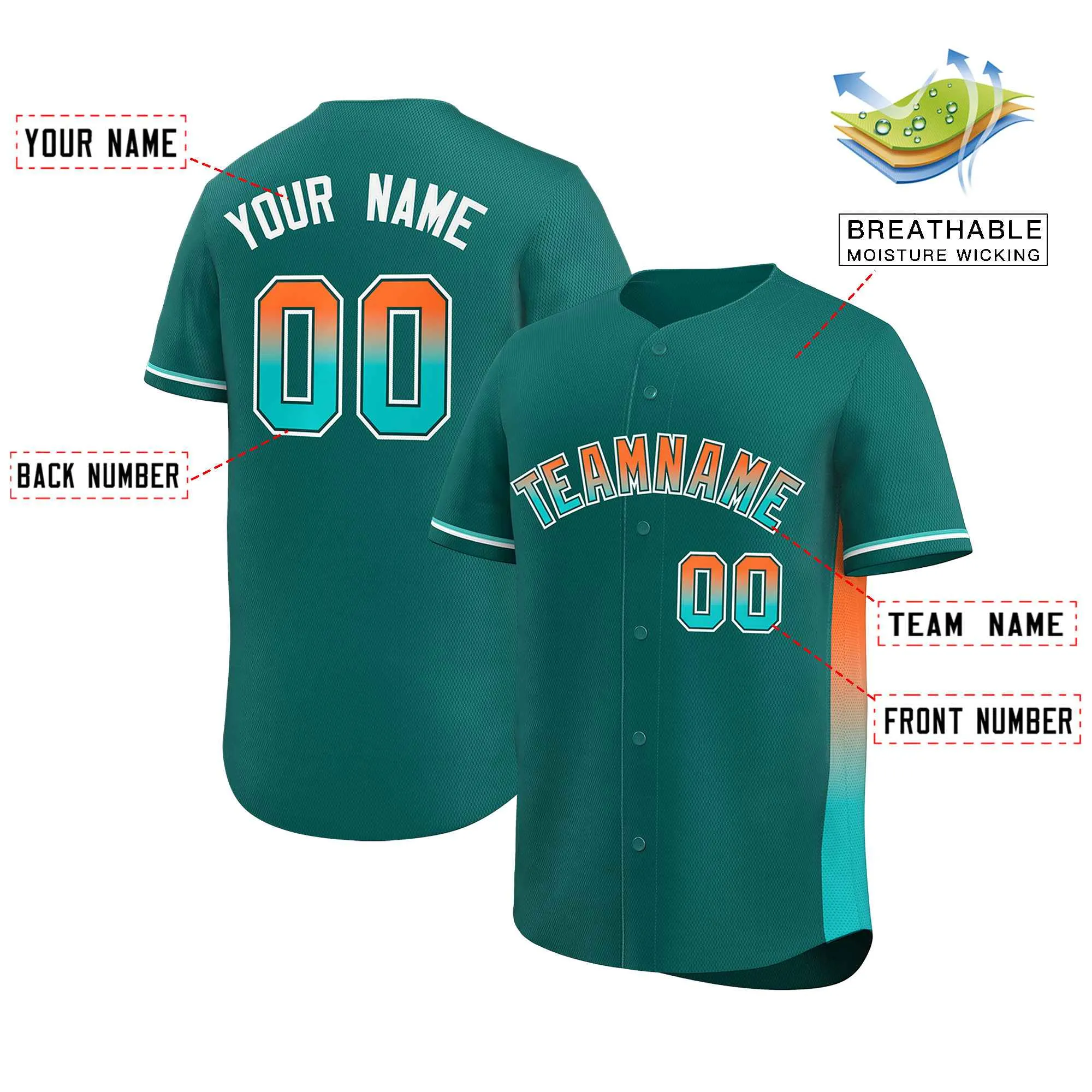 Custom Aqua Orange-Aqua Personalized Gradient Font And Side Design Authentic Baseball Jersey