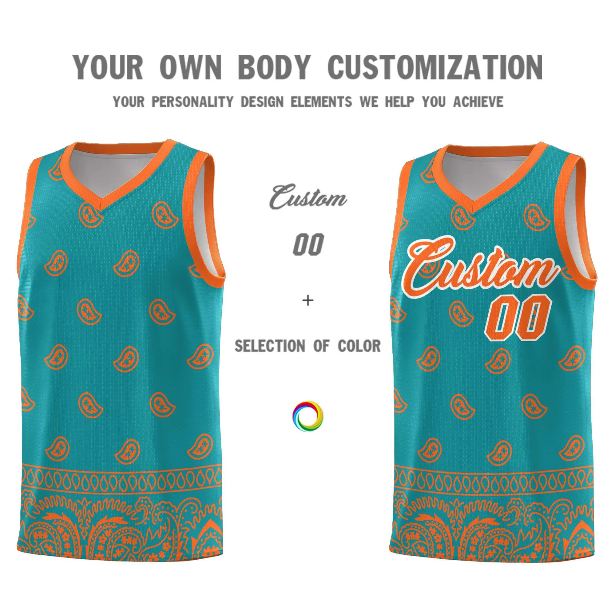 Custom Aqua Orange Personalized Cashew Pattern Sports Uniform Basketball Jersey