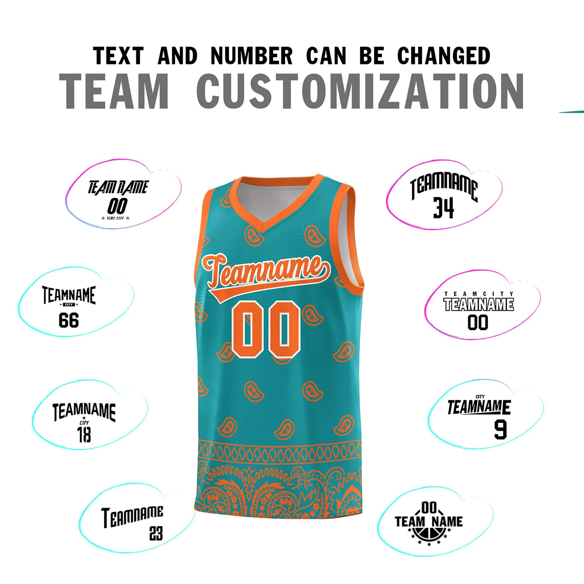 Custom Aqua Orange Personalized Cashew Pattern Sports Uniform Basketball Jersey