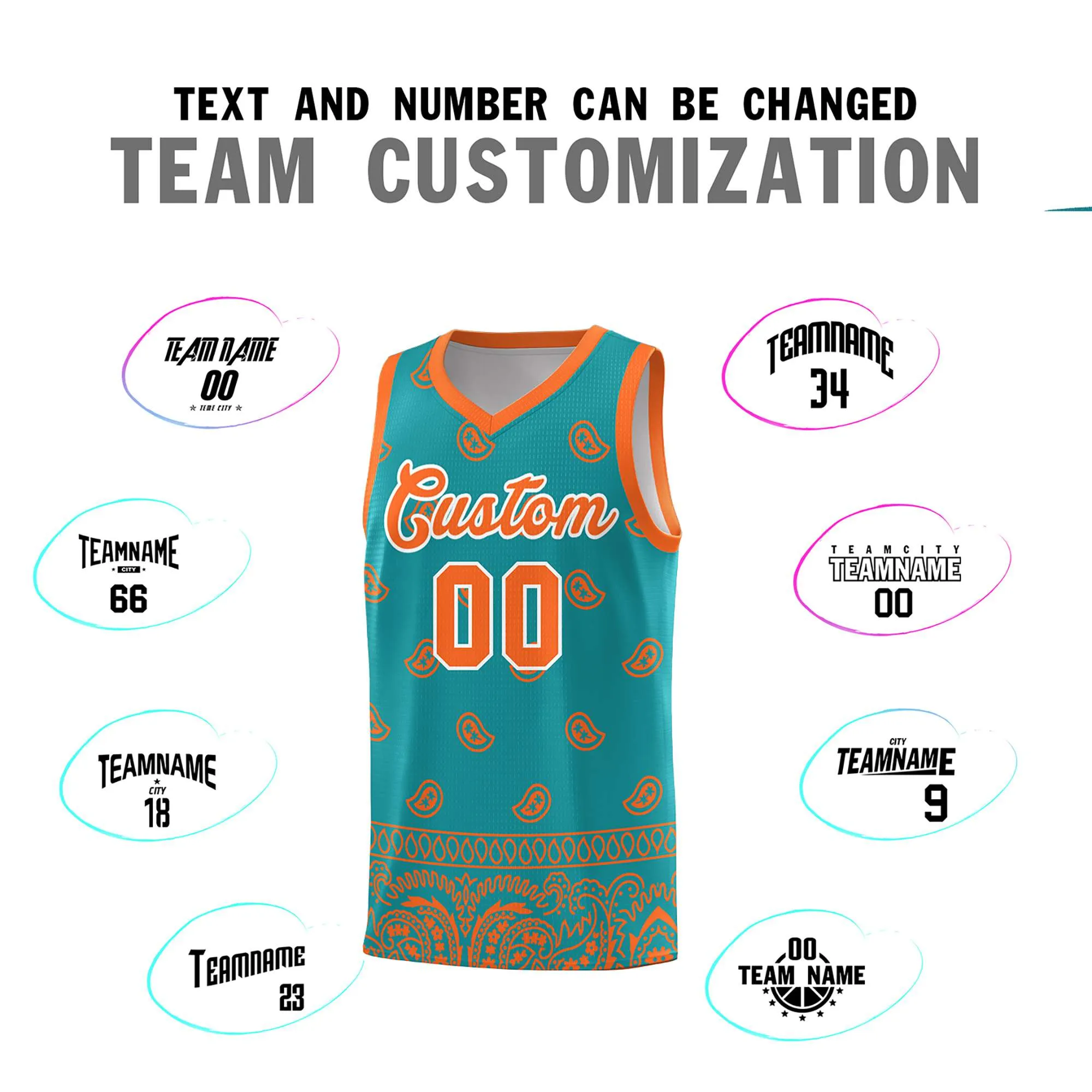 Custom Aqua Orange Personalized Cashew Pattern Sports Uniform Basketball Jersey