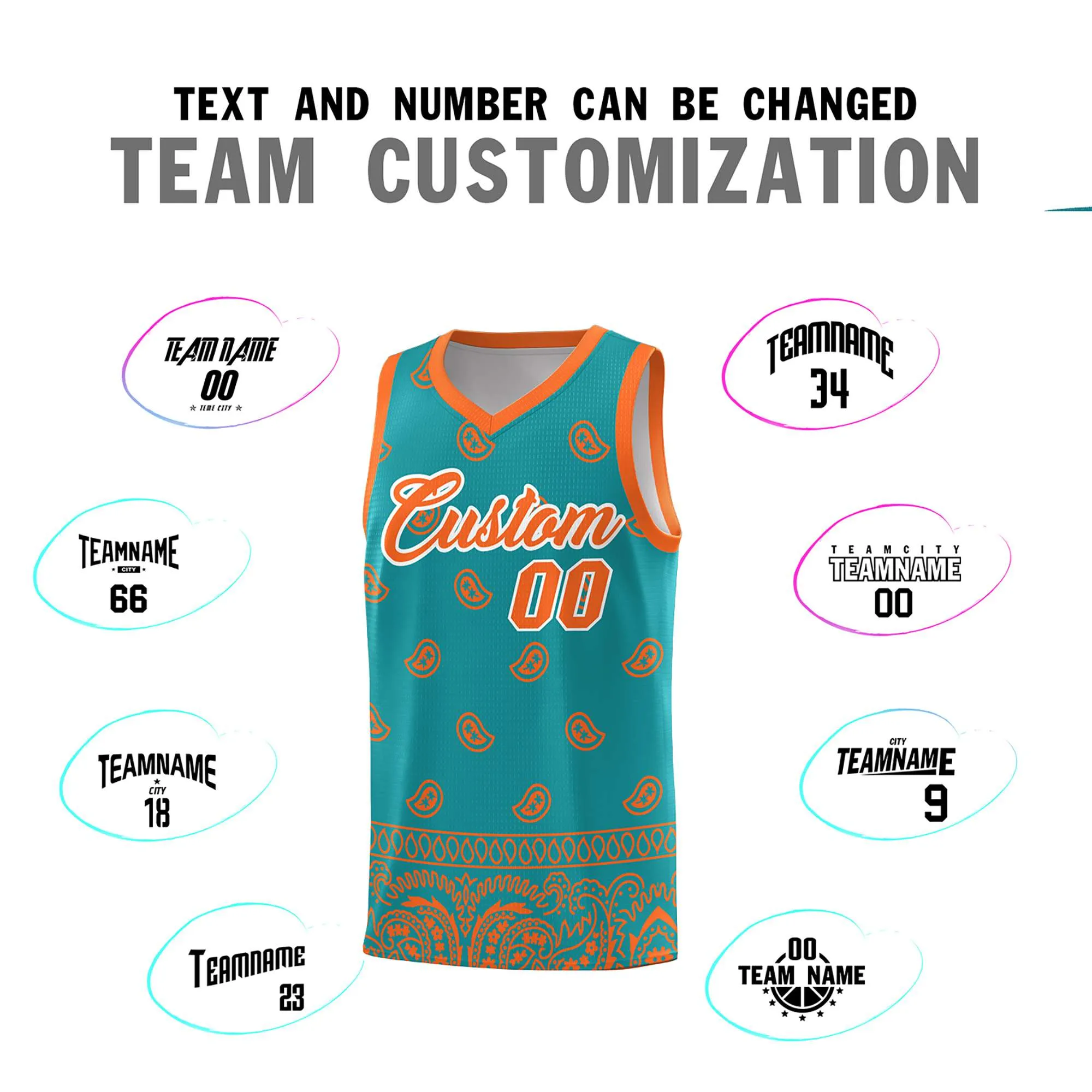 Custom Aqua Orange Personalized Cashew Pattern Sports Uniform Basketball Jersey