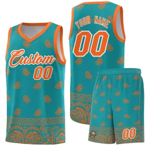 Custom Aqua Orange Personalized Cashew Pattern Sports Uniform Basketball Jersey