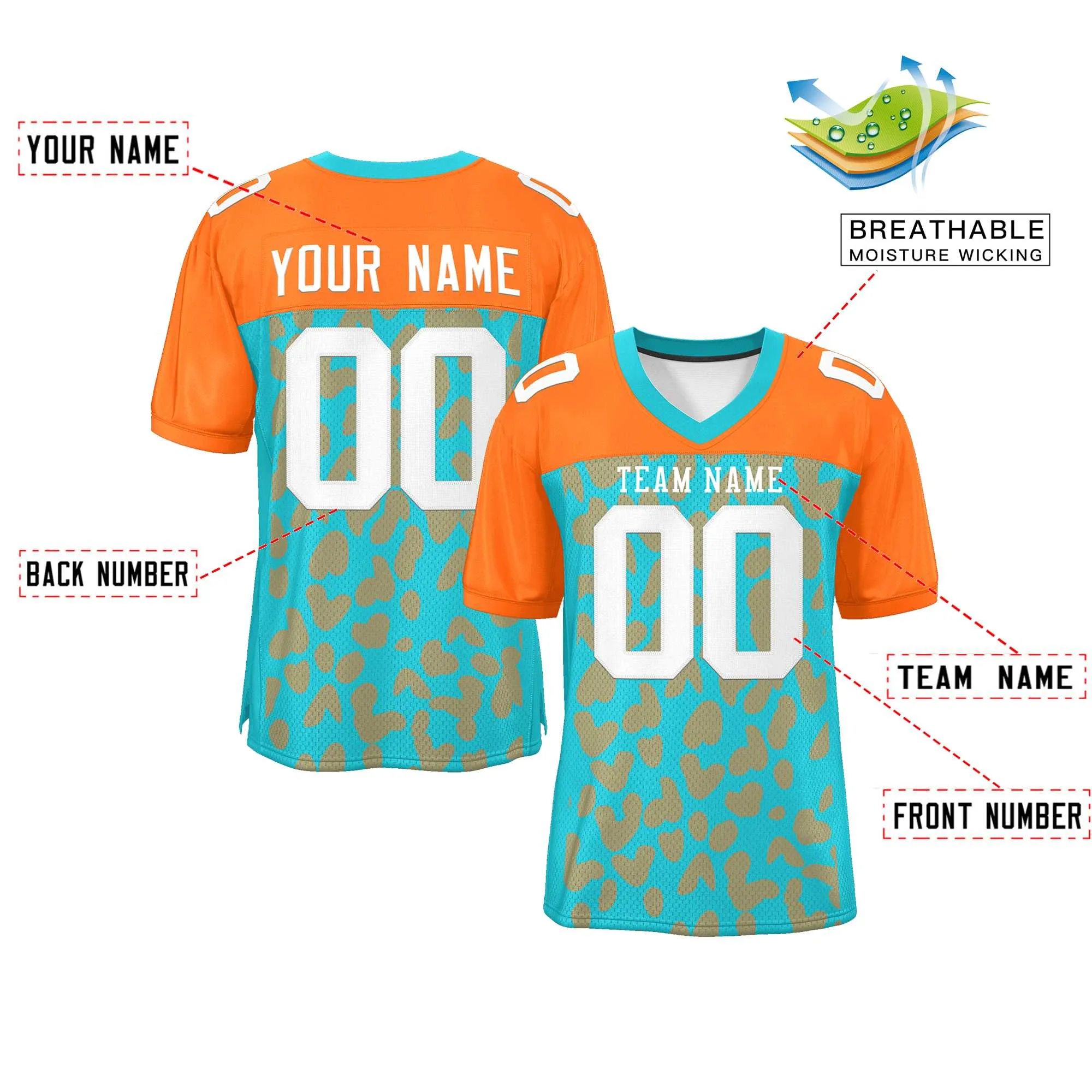 Custom Aqua Orange Raglan Sleeves Personalized Camo Authentic Football Jersey