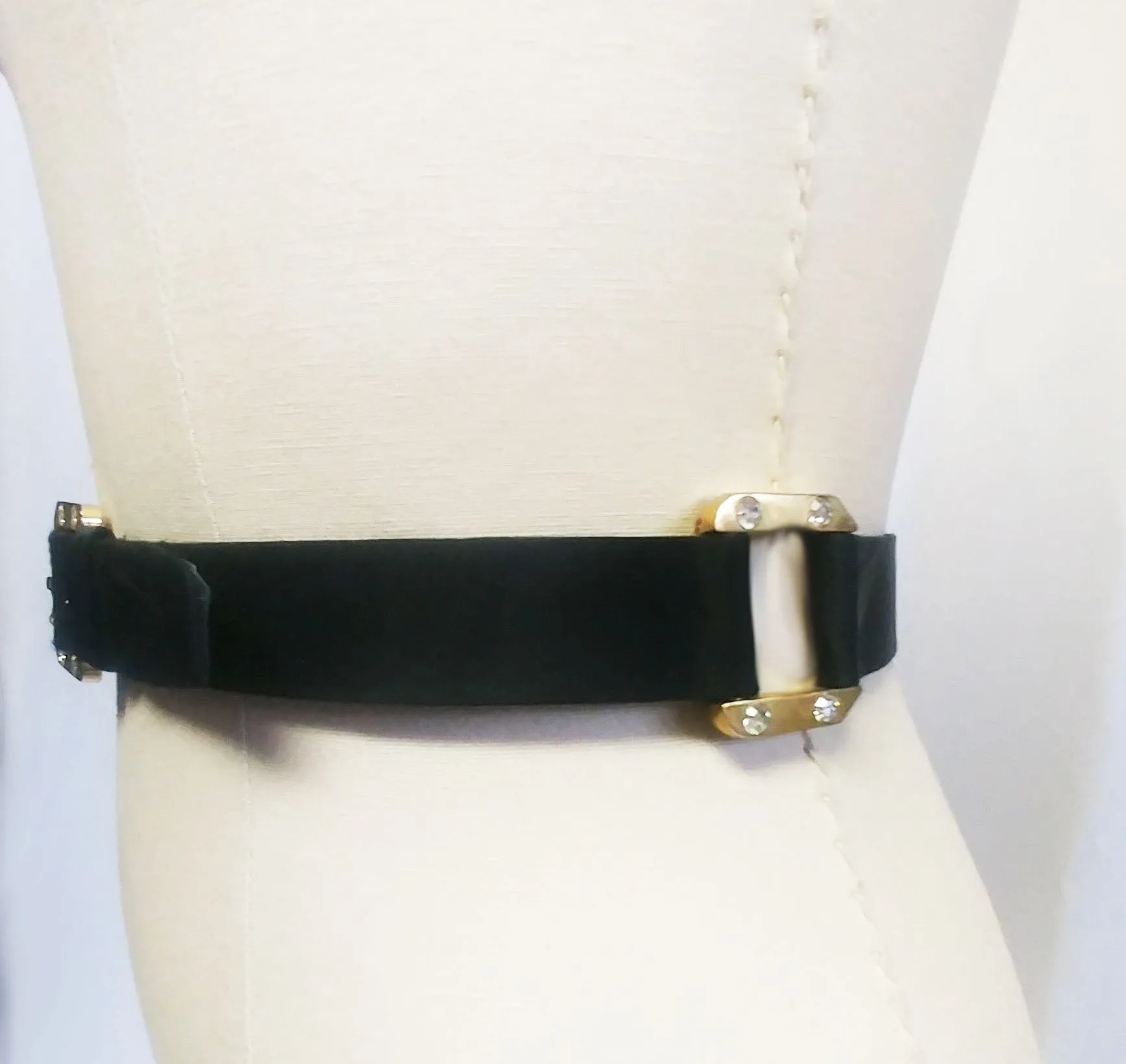 *VINTAGE VARLET DE LAGRANGE BLACK SATINY RHINESTONE BELT MADE IN PARIS, FRANCE